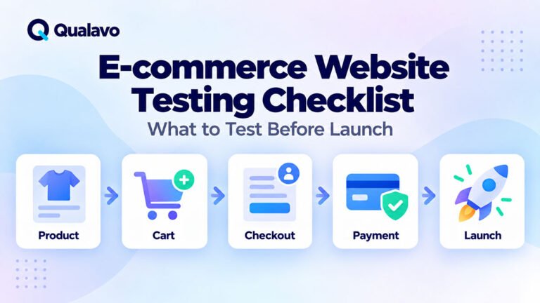 E-commerce website testing checklist covering product pages, cart, checkout, payments, shipping, tax, and order confirmation before launch