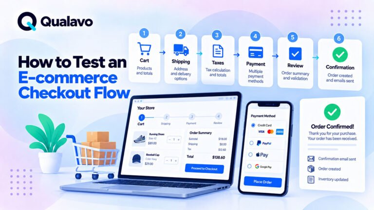 E-commerce checkout flow testing covering cart, shipping, taxes, payment, validation, guest checkout, order creation, and confirmation