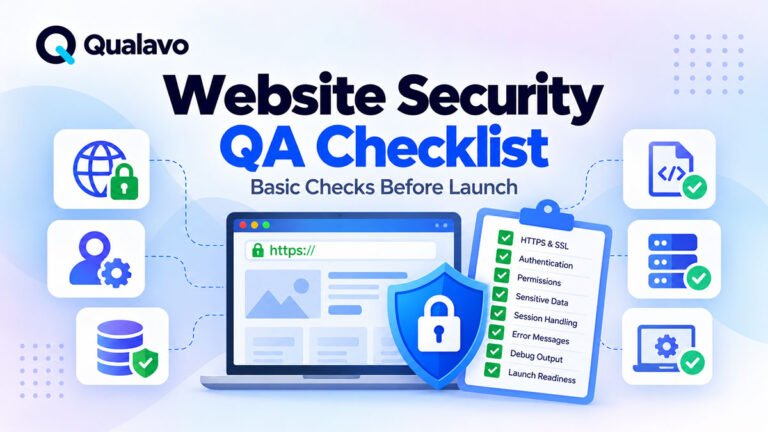 Website security QA checklist covering HTTPS, authentication, permissions, sessions, sensitive data exposure, debug output, and launch readiness