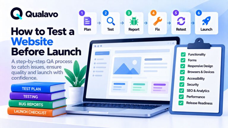 Step-by-step website QA process before launch covering scope, functional testing, browsers, mobile, accessibility, security, SEO, regression, release readiness, and production verification