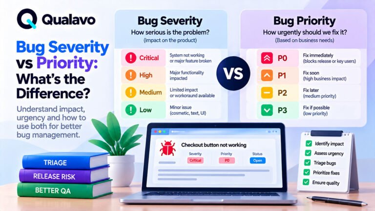 Bug severity versus priority comparison showing impact, urgency, Critical to Low severity levels, P0 to P3 priority levels, bug triage, and release risk