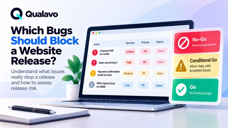 Website release-blocking bugs showing critical user journeys, checkout, authentication, security, data integrity, browser issues, release risk, and Go or No-Go decisions
