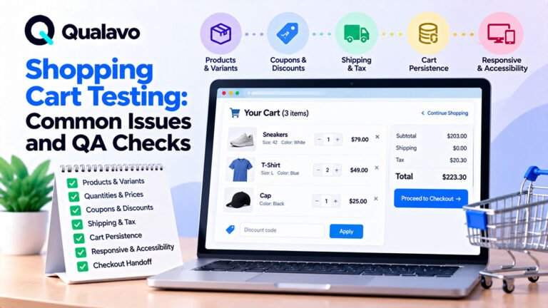 Shopping cart testing checklist covering products, variants, quantities, prices, coupons, shipping, tax, inventory, persistence, responsive behavior, and checkout handoff