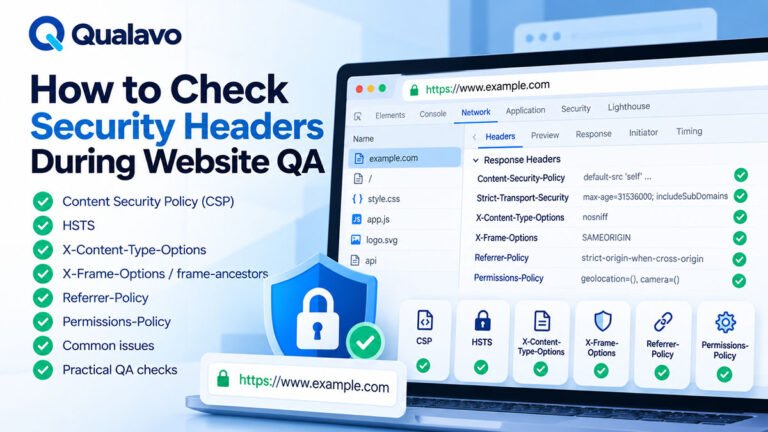 - Website security header testing showing Content Security Policy, HSTS, X-Content-Type-Options, Referrer-Policy, frame protection, Permissions-Policy, HTTPS, and QA checks