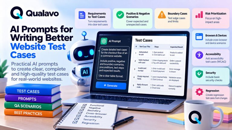 AI prompts for writing better website test cases covering requirements, positive and negative scenarios, boundary cases, risk prioritization, regression, browsers, accessibility, and QA review