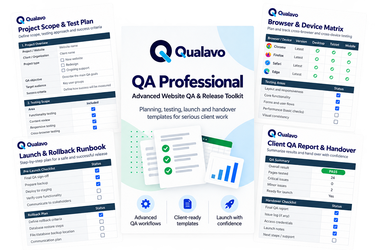 Qualavo QA Professional website QA and release toolkit with project scope, browser testing, launch and client handover resources