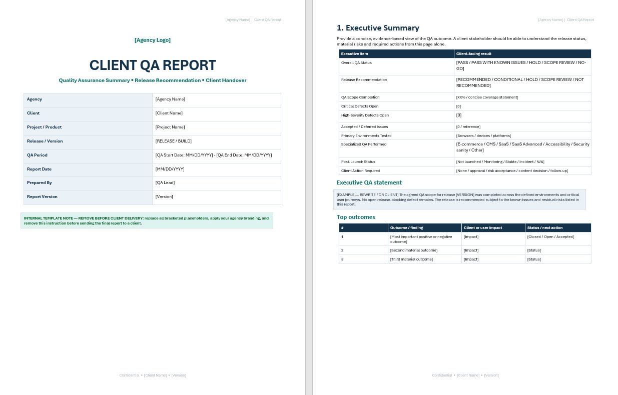 Deliver client-facing QA findings and handover documentation using your agency’s own branding.
