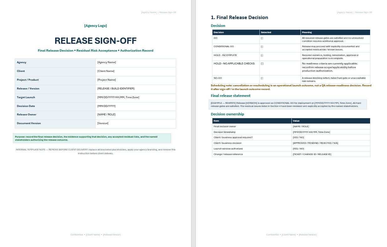Provide a structured, agency-branded release approval and sign-off document for client delivery.