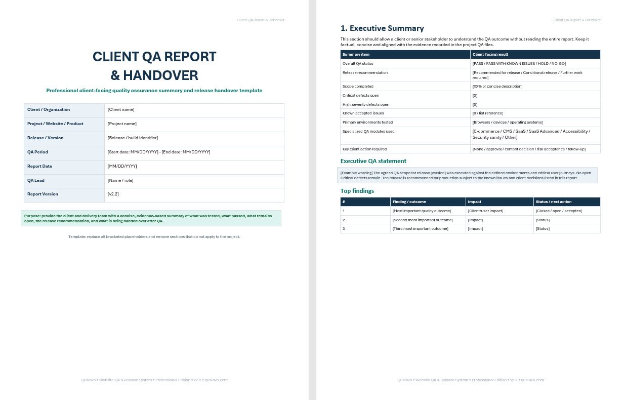 Deliver professional QA findings, release outcomes, and handover documentation to clients.