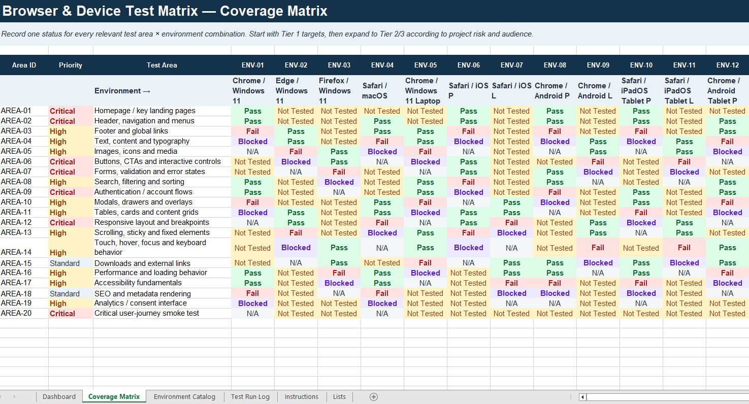 Plan and document testing coverage across browsers, devices, and environments.